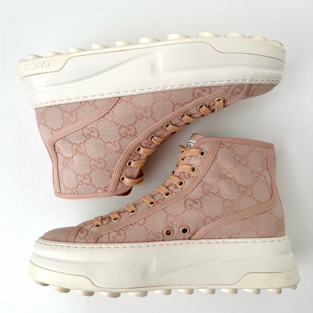 GUCCI | Pink GG Canvas High Top Platform Sneakers Tennis 1977 EU 38 - Picture 11 of 16